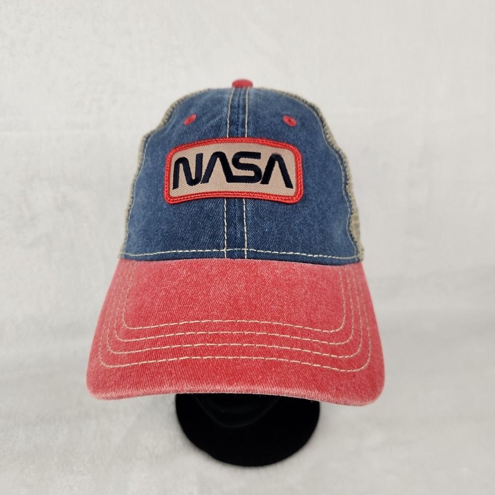 NASA Baseball Cap Embroidered Patch with Blue Red Denim Adjustable Mesh Back
